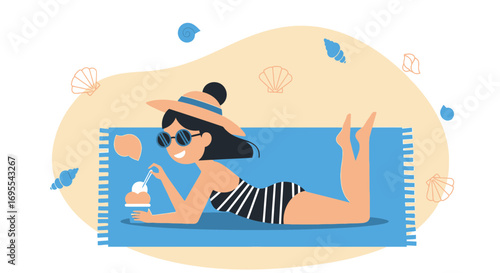Relaxing Summer Day: Woman Enjoying Ice Cream At The Beach, Sun And Vacation