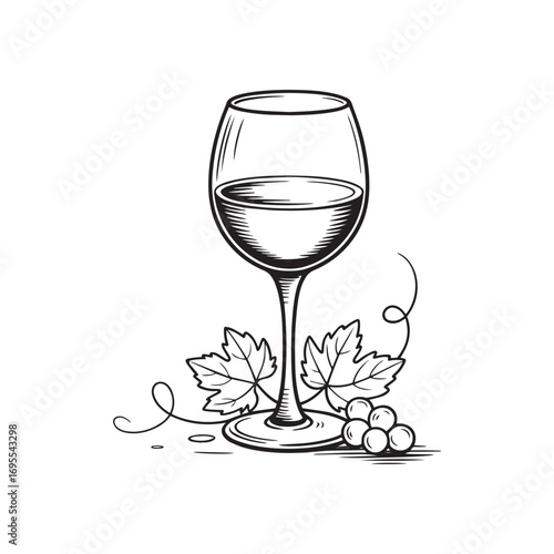 Wine Glass with Grapes and Vine Leaves Black and White Sketch Vector Design