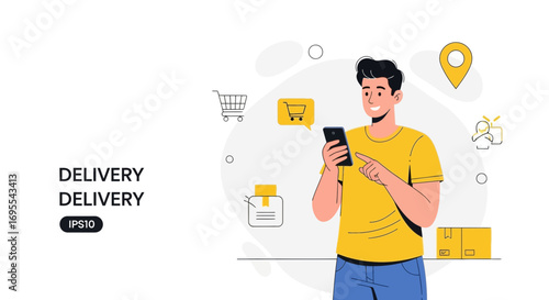 Online Shopping Experience Depicted Through Modern Illustrations of Delivery and Technology