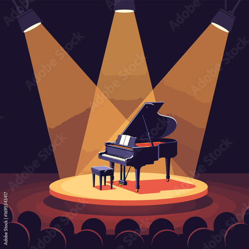 Beautifully illustrated grand piano on a stage, illuminated by dramatic spotlights. Evokes the powerful emotions of music and performance art in flat design vector.