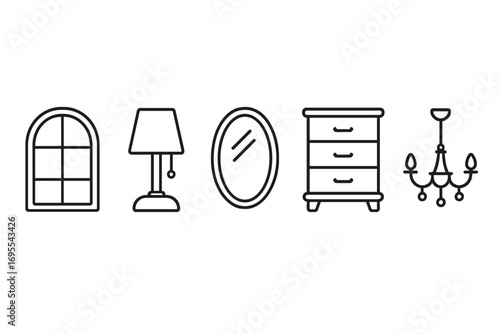 Vector icon set of home interior elements with window, lamp, mirror, dresser, chandelier. Editable stroke style for UI, placards, books, apps, websites, cards, cartoon design