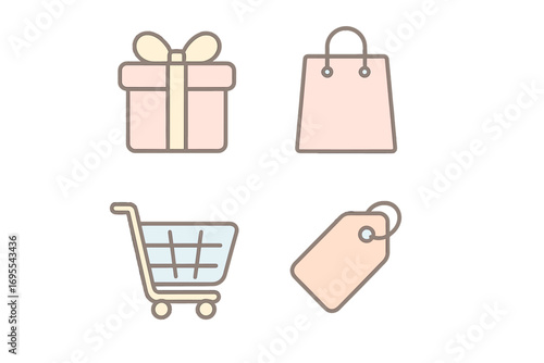 Minimalist shopping icon set. Pastel gift box, shopping bag, cart, and price tag for e-commerce. Vector cartoon illustration for web design, online store, holiday sale.