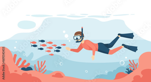 A Snorkeler Swimming Underwater with Fishes and Coral Reefs Illustration