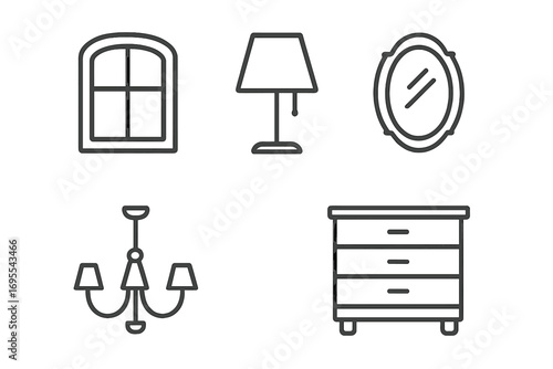 Window lamp mirror dresser chandelier outline linear icons collection, editable stroke vector set for web design, apps, books, cards, home decor and interior illustration