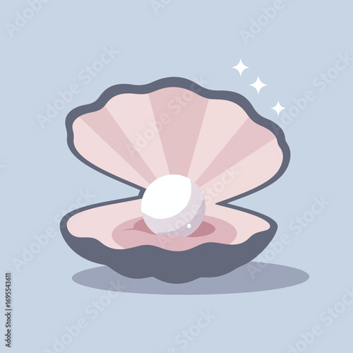 Beautifully illustrated oyster shell with a shimmering pearl, symbolizing nature's beauty and rarity. Flat design vector art perfect for luxury, marine, or treasure themes.