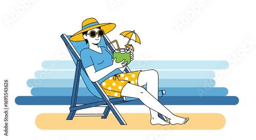 Relaxing Woman Enjoying Coconut Drink On Beach Chair Under The Summer Sun