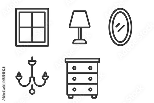 Window, lamp, mirror, dresser, chandelier set of thin line icons with editable stroke for web design, mobile apps, books, cards, modern home furniture vector illustration