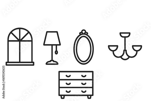 Window lamp mirror dresser chandelier icon set, editable stroke vector illustration, home interior furniture symbols, web design elements, app UI graphics, cartoon line art