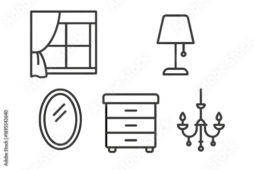 Window with curtain, table lamp, oval mirror, three-drawer dresser, elegant chandelier line icons set for websites, books, cards, apps, editable stroke vector graphics