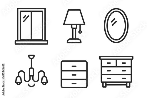 Minimalist window, lamp, mirror, dresser, chandelier thin line icons set, editable stroke vector illustration, home interior design elements, web, app, card graphics, decor symbols