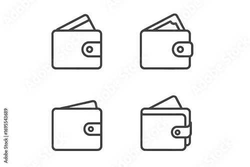 Minimalist wallet icons set in linear style with various designs and variations, cartoon vector illustration, transparent background, ordered collection, finance and money concept