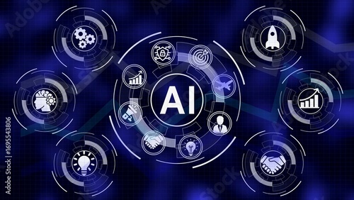Artificial intelligence technology concepts represented by futuristic circular diagrams and graphics