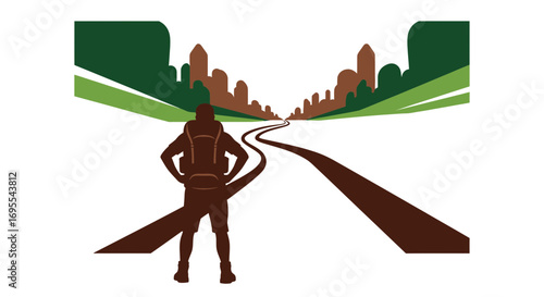 A Solo Traveler Standing And Looking Towards A Distant Cityscape Destination