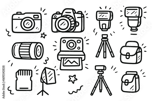 Hand-drawn photography equipment icon set. Vector cartoon doodle illustration. Photographer gear collection with camera, lens, flash, tripod, instant photo, and memory card.