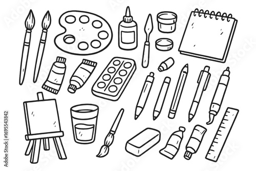 Hand-drawn artist doodle set with art supplies and tools. Vector cartoon illustration of creative equipment for painting and drawing. Isolated collection of hobby craft icons.