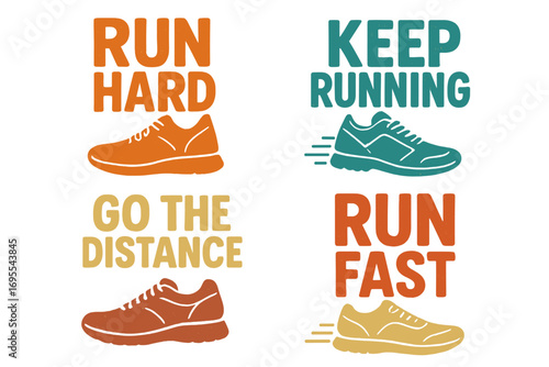 Motivational Running Quotes with Retro Shoe Graphics, Inspirational Running Typography, Fitness Motivation, Sport Shoes Vector Cartoon Illustration Set with Transparent Background