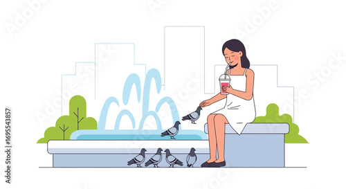 Relaxing Young Woman Enjoying a Refreshing Drink with City Park Pigeons in a Vibrant Scene