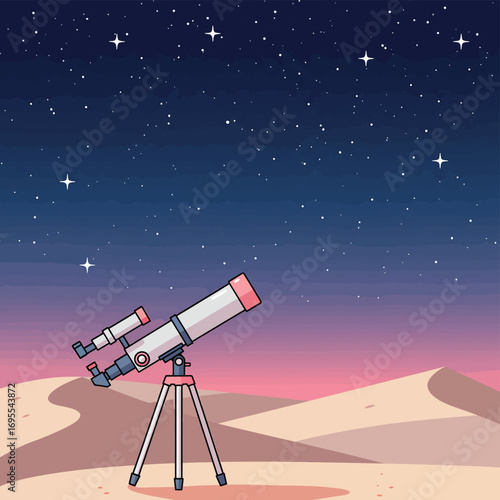 Flat design illustration of a telescope pointing at a starry desert sky, capturing the wonder of astronomy and exploration. Perfect for science and discovery themes.