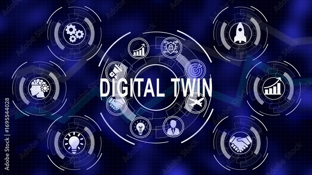 Fototapeta premium Digital twin concept representation with futuristic icons on a technology background