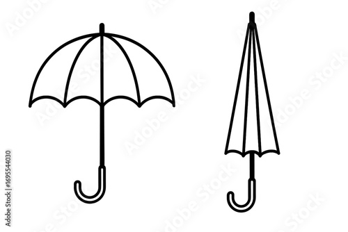 Umbrella icon set, open and closed in a simple black line art style. Vector graphic for weather, rain, and sun protection concepts. Isolated parasol outline symbol collection.