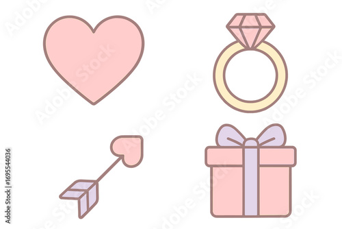 Pastel Love Icons Set with Heart, Diamond Ring, Cupid Arrow, and Gift Box Elements, Cute Romantic Symbols for Valentine's Day, Wedding, Engagement, and Love Concept Design