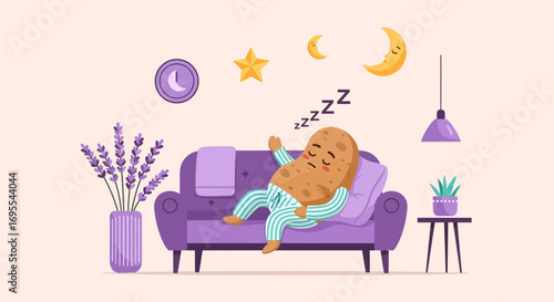 Restful Potato On A Sofa: Enjoying A Peaceful Sleep With Dreamy And Relaxed Vibe