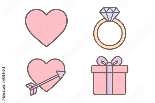 Pastel love icons set with heart, arrow, diamond ring, and gift box elements. Romantic vector cartoon illustration collection for Valentine's Day, wedding, and relationship design