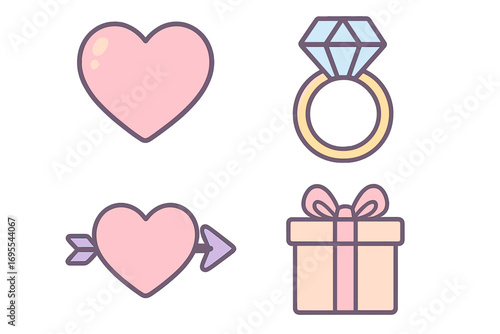 Pastel love icons set with heart, diamond ring, arrow pierced heart, and gift box elements, vector cartoon illustration with transparent background, romantic symbols collection for Valentine’s Day