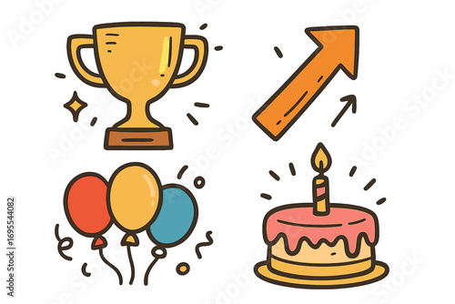 Milestone celebration doodle icon set. Success and achievement concept. Trophy for winner, growth arrow, party balloons, birthday cake. Vector cartoon illustration elements.
