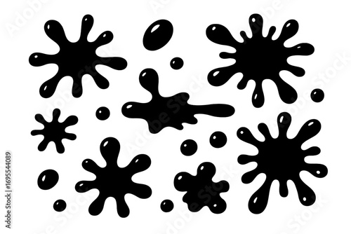 Various black ink splashes and droplets vector set on white background, creative paint splatter shapes, cartoon-style ink blot illustration, abstract art design elements