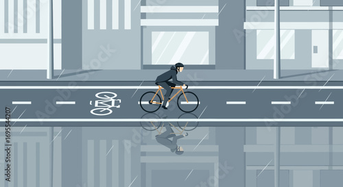 Riding Bicycle In The Rain With Reflections On Wet Road In A Grey City Landscape