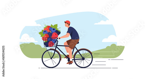 Riding Bicycle With Basket Full Of Fresh Berries Through Countryside
