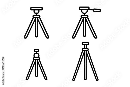Tripod line icon set. Minimalist camera stand for photography and video. Professional filmmaker and photographer equipment. Vector graphic outline pictogram collection.