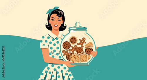 Retro Woman Presents Cookie Jar, Classic Dessert, Vintage Illustration, Sweet Treat.