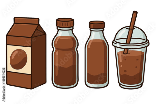 Various chocolate milk containers vector set, different shapes and sizes, cartoon style illustration with transparent background, bottle, carton, glass, straw cup, drink packaging design