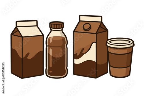 Various chocolate milk containers illustration. Different sizes and shapes of chocolate milk bottles, cartons, and cups. Vector cartoon set with transparent background for packaging design.