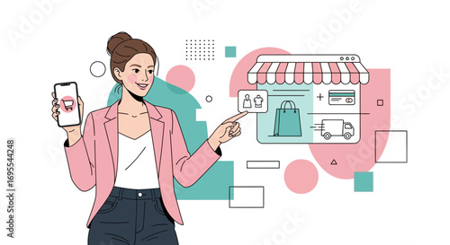 Online Shopping Illustration: Woman With Mobile Phone Exploring Digital Retail Options Swiftly