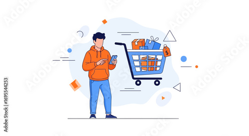 Online Shopping Man Browsing on Phone With Full Cart, Purchase Products Easily