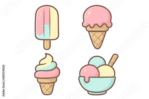 Playful pastel ice cream icons set with popsicle, scoop cone, soft serve, and ice cream bowl, summer desserts vector cartoon illustration with transparent background, colorful frozen treats collection