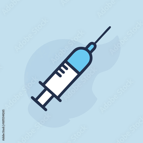 A simple, stylized illustration of a medical syringe filled with blue liquid, set against a light blue background.