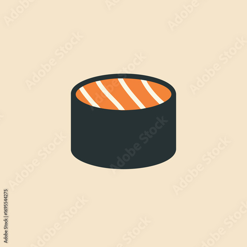 Flat design vector icon of a classic Japanese salmon sushi roll, wrapped in dark nori seaweed, with orange fish and white rice visible on top, set against a simple beige backdrop.