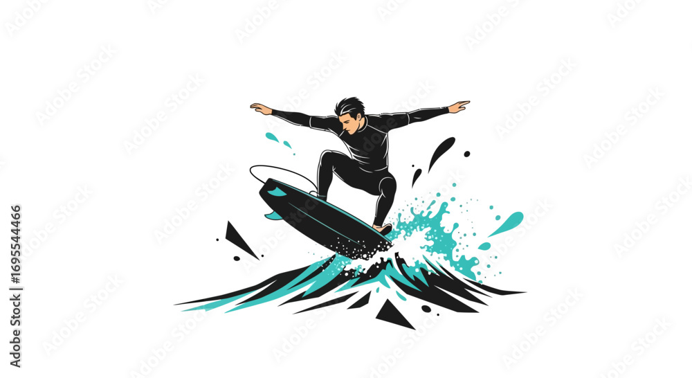 Fototapeta premium A Surfer Riding a Wave with Style and Skill Depicted in an Artistic Illustration