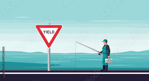 Roadside Angler Beside A Yield Sign Depicting A Peaceful Day Fishing At Waterside
