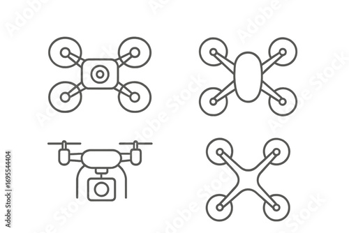 Drone and quadcopter line icon set. Minimalist vector symbols for technology and gadgets. UAV for aerial photography, delivery, and surveillance. Modern outline pictogram collection.