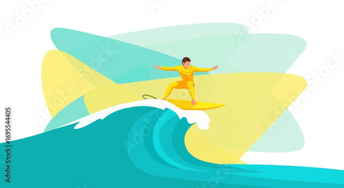 A Surfer Rides A Large Ocean Wave On A Summer Day With Artistic Background Elements