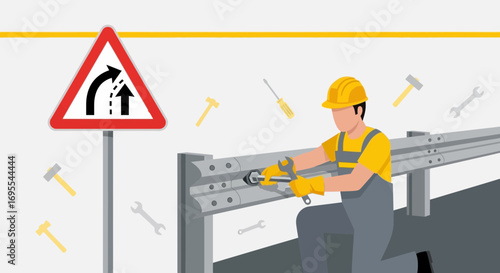 Roadside Maintenance: A depiction of repair and warning signs on a road, vector illustration
