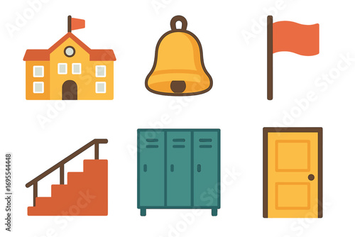 School icons set including school building with flag, ringing bell, waving flag, stairway with railing, blue lockers, and yellow door in flat cartoon style vector illustration
