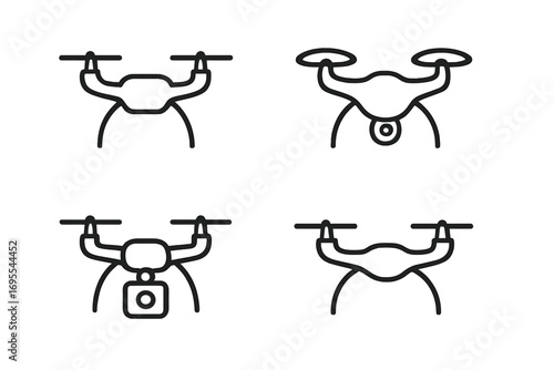 Drone icon set. Minimalist quadcopter line art collection. UAV, remote control aircraft, and aerial camera symbols for modern technology. Vector pictogram illustration.