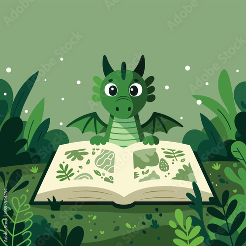 A charming green dragon peeks over an open book amidst lush greenery, symbolizing curiosity, imagination, and the magic of storytelling. Flat design vector illustration.