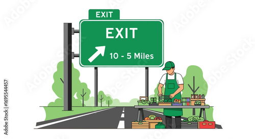 Roadside Fruit Stand Near Exit Sign Illustrates Fresh Produce Sales and Travel Convenience